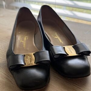 Salvatore Ferragamo Black Flats with Gold Accent Vintage